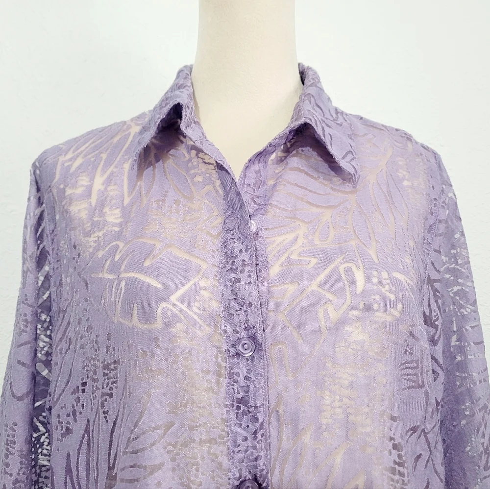 Alfred Dunner Purple Sheer Burnout Button Front Blouse Women’s Size 14 Floral - Picture 4 of 11
